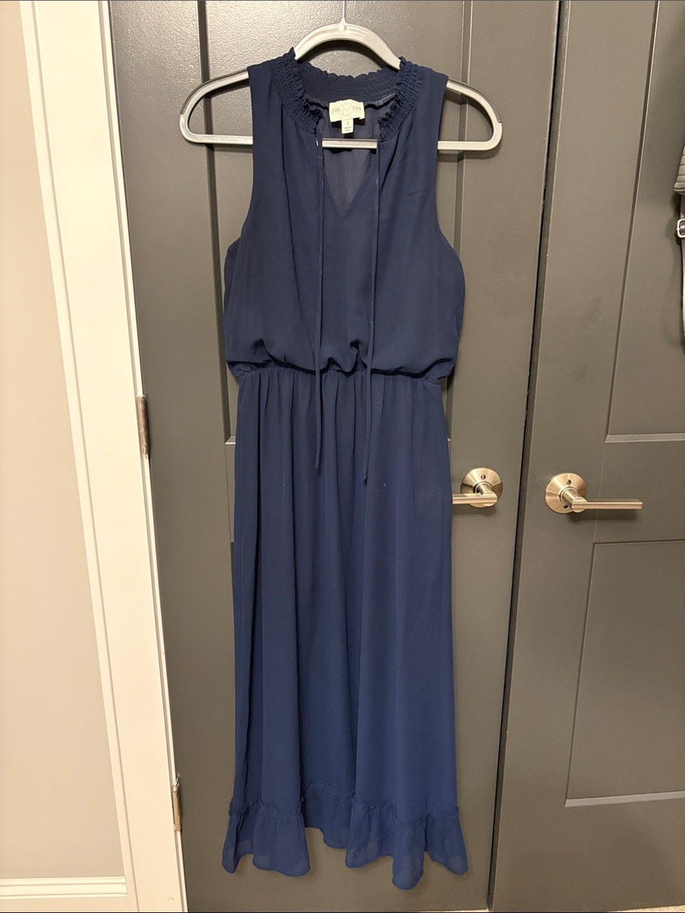 Sleeveless Navy Maxi Dress with Smocked Neckline